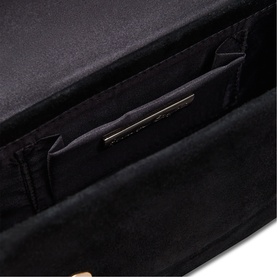 Phase Eight black satin clutch bag, open interior view showing card slot and gold-tone hardware detail