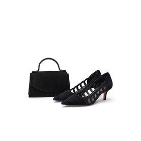 Phase Eight black satin kitten heel court shoes with cut-out straps, styled with matching black structured top-handle bag