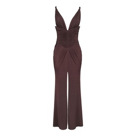 House of CB Black Cherry jumpsuit with deep V-neckline, ruched bodice, and wide-leg trousers
