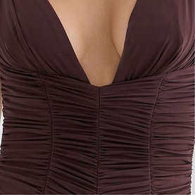 House of CB Black Cherry ruched bodycon dress with deep V-neckline, close-up detail of gathered fabric bodice