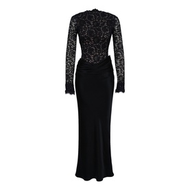 House of CB black lace long-sleeve maxi dress with floral lace bodice, ruched skirt detail, and scalloped hem cuffs