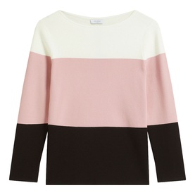 Hobbs Sweet Pink colourblock long-sleeve top in cream, pink and black colour bands, relaxed fit with boat neckline
