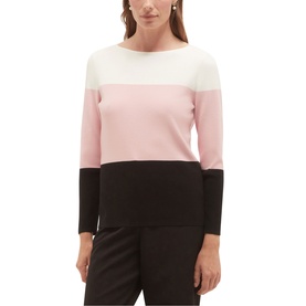 Model wearing Hobbs sweet pink colourblock knit top with white and black panels, three-quarter sleeves, styled with black trousers