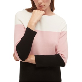 Model wearing Hobbs sweet pink colourblock jumper with white, pink and black stripe detail, three-quarter length sleeves