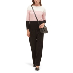 Model wearing Hobbs sweet pink colourblock fine knit jumper with black wide-leg trousers, styled with a grey crossbody bag.