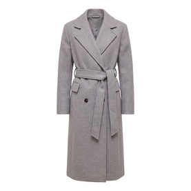 Forever New Grey Marle longline belted wrap coat with notched lapels, double-button front, and patch pockets
