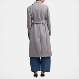 Model wearing Forever New Grey Marle belted longline coat, back view, styled with wide-leg blue jeans and black heels.