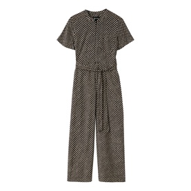 Whistles brown stripe short-sleeve jumpsuit with tie waist and wide-leg cropped trousers, flat lay