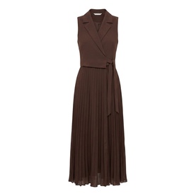 Forever New sleeveless wrap midi dress in Chocolate Freckle, with notch lapel, tie waist, and pleated skirt