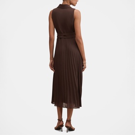 Model wearing Forever New Chocolate Freckle sleeveless pleated midi dress with collar, styled with black heeled sandals, back view.