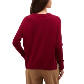 Model wearing Hobbs calla pink fine knit sweater, back view, styled with tan trousers