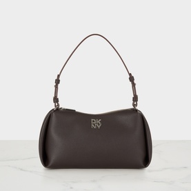 DKNY shoulder bag in Coffee Bean, gunmetal logo hardware, single top handle, structured barrel silhouette, smooth faux leather finish