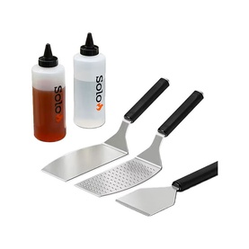 Solo Stove 5-piece griddle tool set with two sauce bottles, perforated spatula, turner, and scraper, stainless steel with black handles