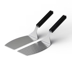 Two stainless steel spatulas with black handles, one solid and one perforated blade, shown side by side on white background