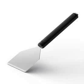 Stainless steel spatula with wide angled blade and black handle, photographed on white background