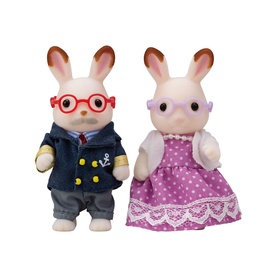 Sylvanian Families flocked rabbit grandparent figures, male in navy sailor jacket with red glasses, female in purple polka dot dress with lilac