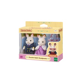 Sylvanian Families Chocolate Rabbit Grandparents figures in box, two white rabbit toys dressed in blue and purple outfits