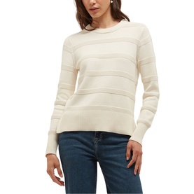 Model wearing Hobbs warm ivory textured stripe knit sweater with crew neck and long sleeves, styled with blue jeans