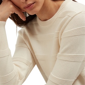 Model wearing Hobbs warm ivory textured knit sweater with ribbed stripe detail, crew neck, and long sleeves