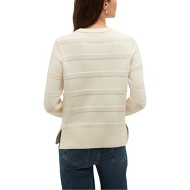 Model wearing Hobbs warm ivory textured stripe knit sweater, back view, styled with blue jeans