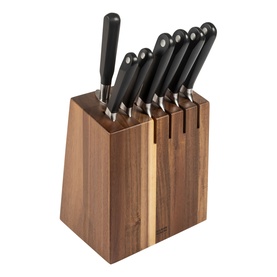 Kuhn Culinary Forged Eight-Piece Acacia Knife Block Set with black-handled knives stored in warm-toned acacia wood block