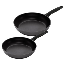 Kuhn Easy Induction Two-Piece Frying Pan Set in black, forged aluminium with non-stick coating, shown in two sizes with black handles