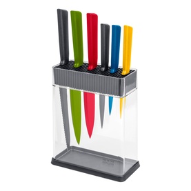 Kuhn Colori Seven-Piece Knife Block Set with multicoloured handles in clear acrylic storage block with grey base
