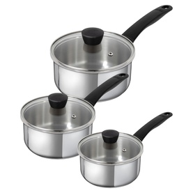 Kuhn Classic Induction Three-Piece Saucepan Set in stainless steel with black handles and vented glass lids, three graduated sizes