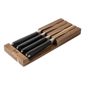 Kuhn Culinary Forged Four-Piece Steak Knife Set With Tray, black handles, serrated blades stored in acacia wood drawer insert