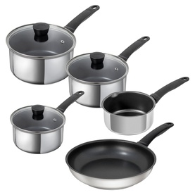 Kuhn Classic Induction Five-Piece Cookware Set in stainless steel with black handles, including three lidded saucepans and a frying pan