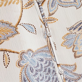 Hobbs blue multi floral jacquard dress, close-up of zip detail and embroidered paisley pattern in blue, gold and cream tones