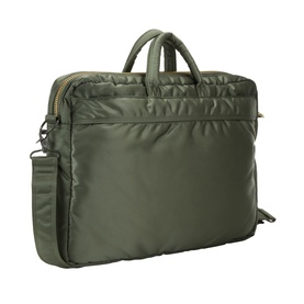 Porter Yoshida sage green nylon briefcase with quilted front pocket, top carry handles, silver-tone zips and adjustable shoulder strap