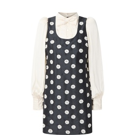 Queens of Archive black polka dot jacquard pinafore dress with cream bow-neck long-sleeve blouse underlayer