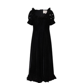Queens of Archive black maxi dress with puff sleeves, square neckline, smocked bodice, floral embellishments, and ruffle hem