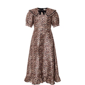 Queens of Archive leopard print midi dress with puff sleeves, Peter Pan collar, black bow detail, and A-line silhouette