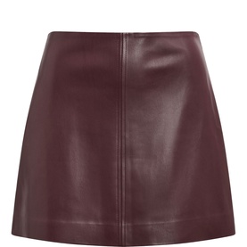 Forever New berry faux leather mini skirt, A-line silhouette with centre front seam, back zip fastening