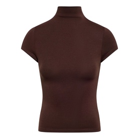 Forever New chocolate short-sleeve roll-neck top, slim fit with cap sleeves, flat product shot