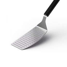 Stainless steel perforated spatula with black handle, angled flexible head with drainage holes for cooking and serving
