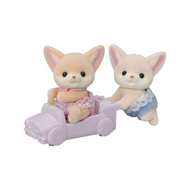 Sylvanian Families fox twin figures in pink and blue outfits, one seated in a small lilac toy car, cream-coloured with soft features