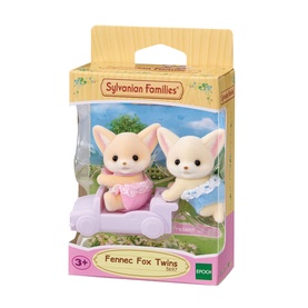 Sylvanian Families Fennec Fox Twins figures in packaging, two small cream fox characters in lilac pram, multicoloured box set