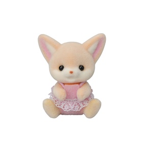 Sylvanian Families small cream fennec fox soft toy figure wearing a pink lace outfit, seated upright