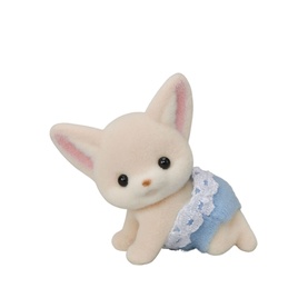Sylvanian Families cream fennec fox baby figure in blue lace outfit, small collectible toy in crawling pose