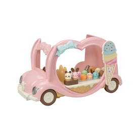 Sylvanian Families pink ice cream van toy with figures, sweet treats display, and decorative ice cream cone detail