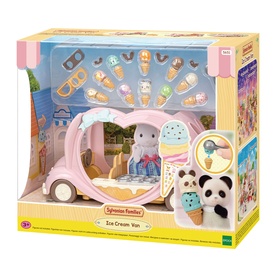 Sylvanian Families Ice Cream Van playset in pink with bunny figure, panda toy, and ice cream accessories included