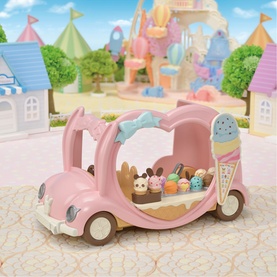 Sylvanian Families ice cream van toy in pink with pastel details, miniature figures, and ice cream cone decoration