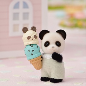 Sylvanian Families panda baby figure in grey dungarees holding a mint chocolate chip ice cream cone toy