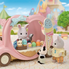 Sylvanian Families ice cream scooter playset with rabbit and cat figures, pastel pink cart, and colourful ice cream accessories