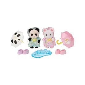 Sylvanian Families panda and mouse figures in pastel raincoats with pink umbrellas, boots, and blue puddle accessories