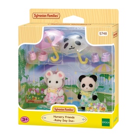 Sylvanian Families Nursery Friends Rainy Day Duo set with mouse and panda figures, umbrella, and colourful accessories, multicoloured