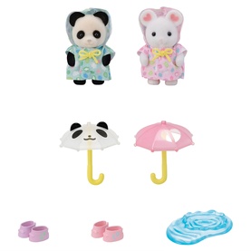Sylvanian Families panda and bear figures in floral raincoats with matching panda and pink umbrellas, rain boots, and puddle accessories